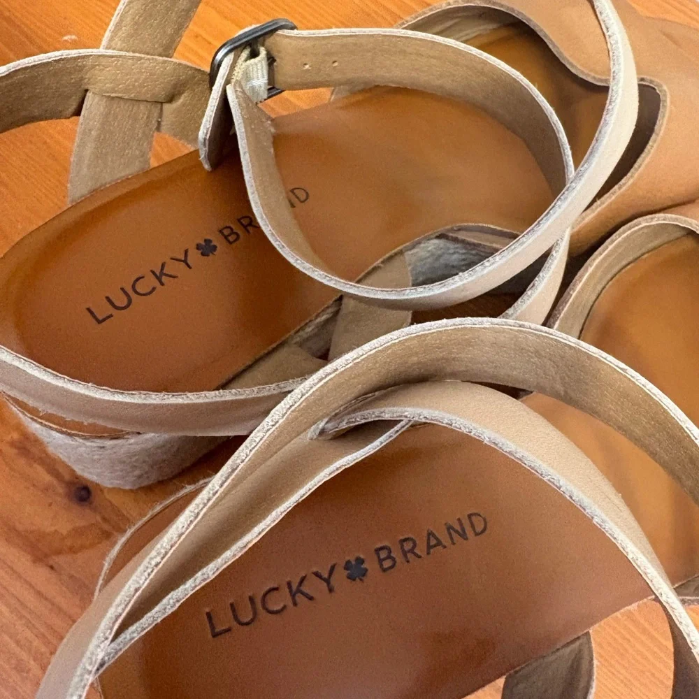 Lucky Brand Ginny Women's Tan Leather Espadrille Platform Sandals heel size 11